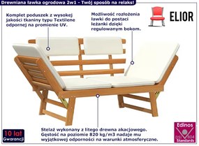 Drewniana rozkładana ławka ogrodowa z poduszkami - Coni
