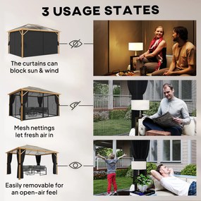 Outsunny Pawilon ogrodowy 4x3m aluminiowy z dachem z poliwęglanu 6 mm, moskitiera, 4 zasłony, imitacja drewna, naturalne drewno | Aosom PL