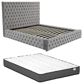 Łóżko ze skrzynią chesterfield 180 x 200 cm – Welur – Szare + Materac – DULENI