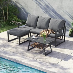 Zestaw mebli ogrodowych modułowych 4-osobowych ze stali ocynkowanej: 1 sofa 3-osobowa + 1 stołek + 1 prostokątny stolik kawowy - Szary