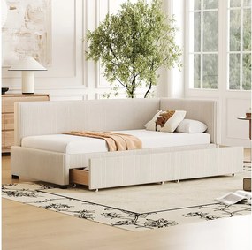 Łóżko tapicerowane 90 x 200 cm, sofa rozkładana, z 2 szufladami i miękkim zagłówkiem, tkanina aksamitna, beżowe (bez materaca)