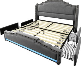 Łóżko podwójne tapicerowane 160x200cm - z 4 szufladami - z LED i portami ładowania - Szare