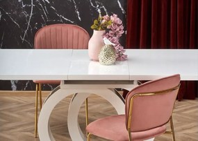 Elegancki rozkładany stół Tazzisto 160-200/90 biały połysk z blatem z MDFu lakierowanego i złotymi detalami do salonu glamour