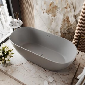 Wanna wolnostojąca owalna z konglomeratu 160 x 75 cm RONA White mat / połysk przelew typu SLIM cienki rant : Kolor wanny - Szary matowy
