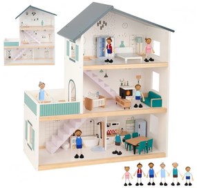 Tooky toy duży drewniany domek dla lalek + figurki fsc