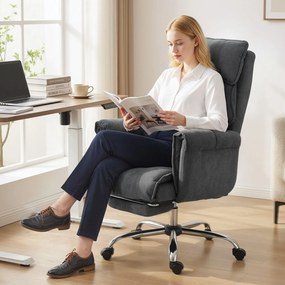 HOMCOM Fotel biurowy regulowany obrotowy z podparciem lędźwiowym, podnóżkiem, flanelą śnieżną, 80 x 80 x 106-114 cm, ciemnoszary | Aosom PL