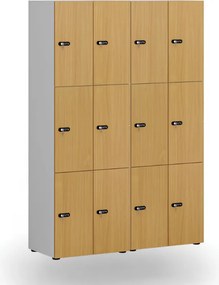 Drewniana szafka skrytkowa S4, 6 schowków, demontaż, zamek mechaniczny z kodem, szary/brzoza