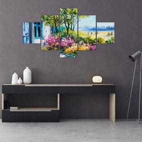 Obraz ogrodu przed domem, obraz olejny (125x70 cm)
