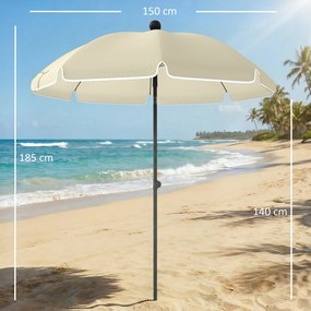 Outsunny Parasol plażowy Ø150 cm wodoodporny składany parasol z regulacją kąta nachylenia, torba do przenoszenia, kotwa do piasku, beżowy | Aosom PL