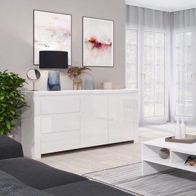 Komoda Dwudrzwiowa z Szufladami do Salonu FLARE 156 cm Biały połysk Nowoczesna