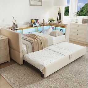 Kanapa rozkładana tapicerowana 90/180x190 cm - z oświetleniem LED - z gniazdkiem - liczne schowki - beżowa (materac nie wchodzi w skład)