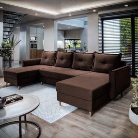Masseno Narożnik VERNI z funkcją spania i pojemnikiem na pościel Narozniki U, Rozkładana sofa - Brązowy, KRONOS 06