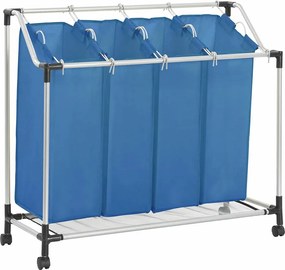 Niebieski Sorter Prania ze Stali 4 Worki, Uchwyty ze Stali i Kółka