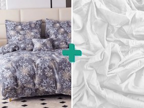 PrzytulneMieszkanie.pl PrzytulneMieszkanie.pl PrzytulneMieszkanie.pl Zestaw 2szt. pościeli z mikrofibry SNOWFLAKE niebiesko-szare + prześcieradło Jersey 180x200cm białe, podwójne łóżko