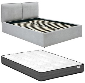 Łóżko ze skrzynią ze zdejmowanym pokrowcem 140 x 190 cm - Tkanina - Jasnoszary + Materac - TENESE