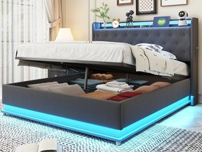 Łóżko z tapicerowanym zagłówkiem z LED 140x200 cm - z portem ładowania USB - z tkaniny lnianej - Szare