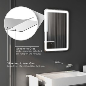 HOMCOM Lustro łazienkowe z oświetleniem LED, kontrola dotykowa, przeciwmgielne, z możliwością ściemniania, 3 kolory światła, 50x70, Srebrny