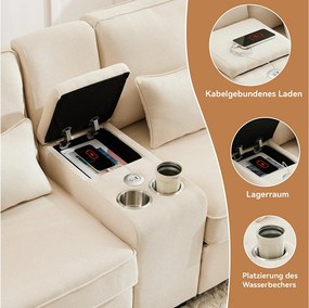 Sofá de 4 lugares - 290 x 83 x 88 cm - com 2 porta-copos, 2 portas USB, 2 bolsos e 4 almofadas - Tecido de linho - Bege
