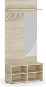 Garderoba z szafką na buty i lustrem HORIZONT, 4 haczyki, półka, tekstura drewna poziomo, dąb naturalny