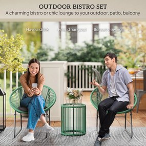 Outsunny 3-częściowy Zestaw Mebli Zewnętrznych, 1 Stół, 2 Krzesła, Blat z Szkła Hartowanego, Rattan Tworzywa Sztucznego na Stalowej Ramie, Miękkie Poduszki, Kolor Zielony