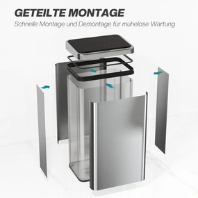 HOMCOM Kosz na śmieci z czujnikiem 50L Stal nierdzewna Automatyczny kosz z miękkim zamykaniem pokrywy Czujnik ruchu 35,5 x 26 x 67 cm Srebrny | Aosom PL
