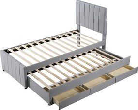Łóżko wysuwane 90 x 190/200 cm z 3 szufladami - tkanina lniana - stelaż listwowy - szare