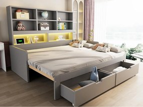 Kanapa z drewna 180 x 200 cm - z łóżkiem wysuwanym - z oświetleniem LED - z gniazdkiem elektrycznym - z 2 szufladami - szary (materac nie wliczony)