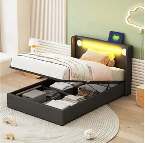 Łóżko 90x200 cm z pojemnikiem - Łóżko młodzieżowe z USB, oświetleniem LED i odtwarzaczem Bluetooth - Czarny poliuretan - Bez materaca