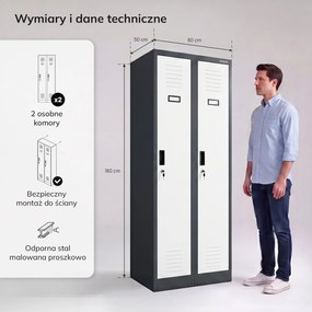 Szafka pracownicza dwukomorowa antracytowo-biała: KACPER II, 600 x 1800 x 500 mm