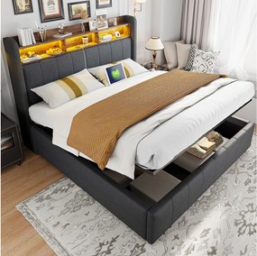 Łóżko 160x200 cm z pojemnikiem - Łóżko dla dorosłych z oświetleniem LED i ładowaniem USB - Zagłówek z półkami i schowkiem - szary len
