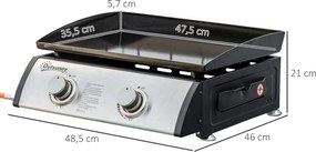 Outsunny Grill gazowy z 2 palnikami, wąż, płyta do grilla nieprzywierająca, stal nierdzewna, Kolor: Srebrny, 48,5 x 46 x 21 cm