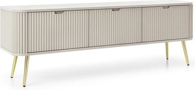 ZOVA RTV Szafka TV-Lowboard z żłobionymi frontami, metalowymi nogami, 3 drzwi, nowoczesny stolik TV, nogi metalowe złote, 168/57/39cm