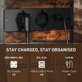 HOMCOM Stolik kawowy z gniazdkami, 2 poziomy, porty USB, schowek 60 x 29,8 x 58,5 cm Rustykalny Brąz