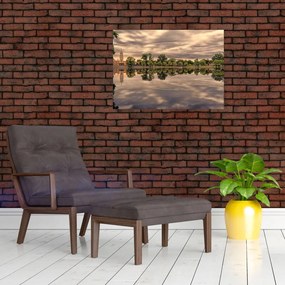 Obraz na szkle - jezioro i drzewa (70x50 cm)