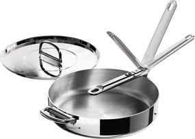 Patelnia do sautée Joseph Joseph Space Steel 28 cm, ze stali nierdzewnej, ze składanym uchwytem i pokrywką, odpowiednia do indukcji i piekarnika.