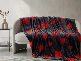 Czarny koc z mikropluszu RED HEARTS Rozmiar: 160 x 200 cm