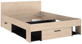Łóżko 140 x 190/200 cm  ze skrzynią i - Naturalny i czarny + Stelaż - KINSELIA