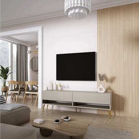 Szafka pod telewizor 170, fronty ryflowane, Kaszmir, nóżki pochyłe złote, 170 × 32 × 52 cm