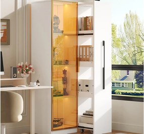 Witryna z oświetleniem LED 70x40x160 cm - 1 drzwi szklane i 1 boczna szuflada wysuwna - Kółka - MDF + szkło - Biały