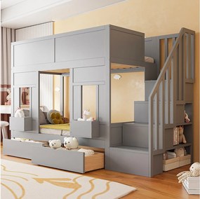Łóżko piętrowe dla dzieci - 2 x 90 x 200 cm - z drabinką + szufladami + barierką zabezpieczającą - drewno - kolor szary