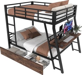 Łóżko piętrowe 140x200 cm - z oświetleniem LED - z 2 szufladami - z rampą + drabinką - z biurkiem - czarne