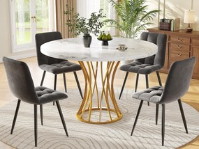 Okrągły stół z 4 krzesłami - Blat MDF, metalowa konstrukcja i aksamitne poduszki - Biały, Złoty i Szary