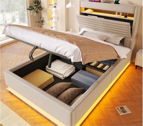 Tapicerowane łóżko z pojemnikiem 90x200 cm - z portem USB Type-C - z oświetleniem LED - z przegródką do przechowywania - Beżowy (materac nie jest wliczony w cenę)