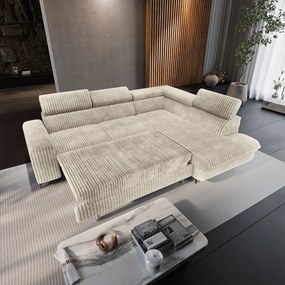 Masseno Narożnik VELISS z funkcją spania i pojemnikiem na pościel Rozkładana sofa do Salonu - Kremowy, TILIA 03