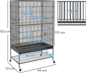 PawHut Klatka dla ptaków z drążkami siedziskowymi, zabawkami dla ptaków, wyjmowaną tacą na dnie, 1 półka, Szary