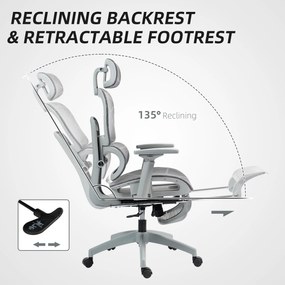 HOMCOM Krzesło biurowe, Ergonomiczne krzesło do biurka z tapicerką z siatki, regulowane, na kółkach, z podłokietnikami, zagłówkiem, Szary