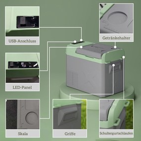 Outsunny 24,2 L Lodówka Campingowa, Lodówka Samochodowa z LED, Adaptory AC i DC, Cicha Praca, Szara+Zielona
