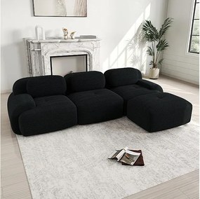 Modułowa sofa narożna 3-osobowa - z Welur - z 3 poduszkami i pufą - 298x178x75cm - Czarny
