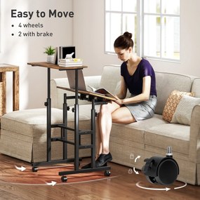 HOMCOM Biurko regulowane wysokości z półką, kółkami, biurko komputerowe Rustykalny-Brąz 60 x 60 x 70,5-120 cm