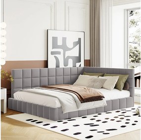 Sofa rozkładana 140x200 cm, szary aksamit, łóżko dla dorosłych z drewnianym stelażem - bez materaca